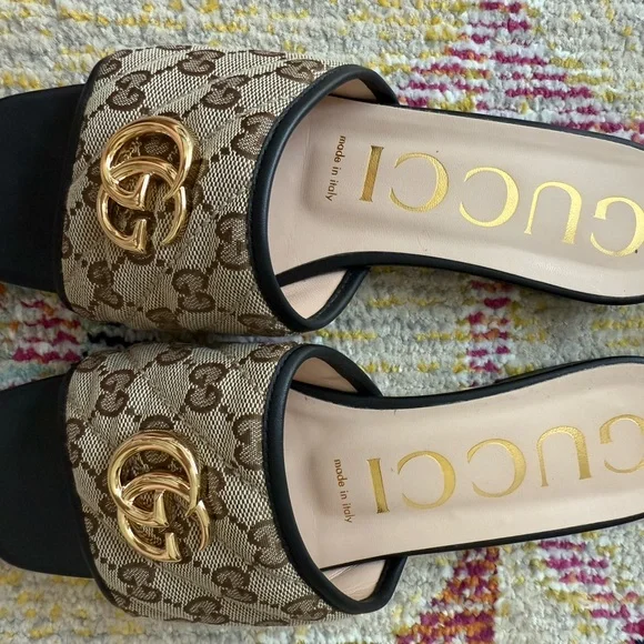 Gucci Women's Tan GG Logo Mules with Gold Accent - Picture 7 of 13